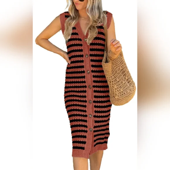 NWOT Striped Black and Rust Button-Down Knit Cardigan - Picture 2 of 7